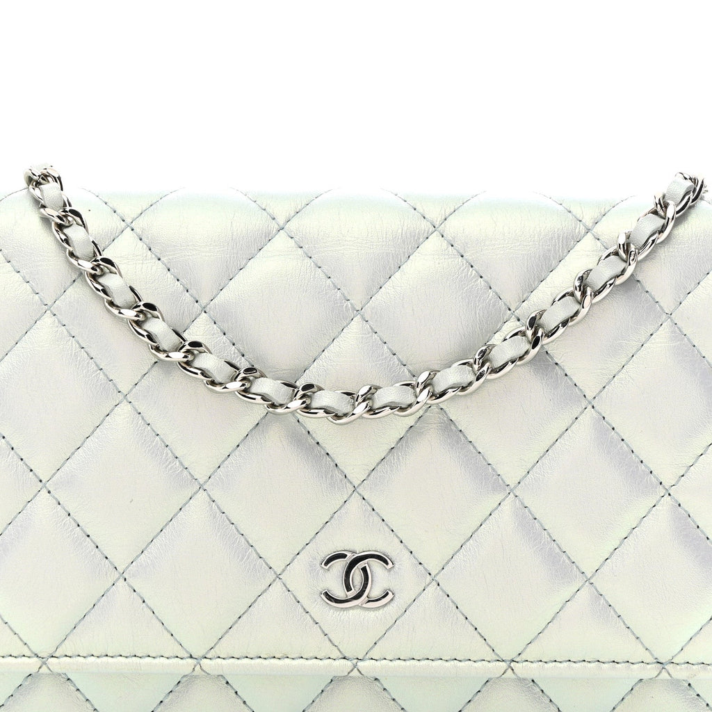 Iridescent Calfskin Quilted Wallet On Chain WOC Light Blue wholesalehk.shop