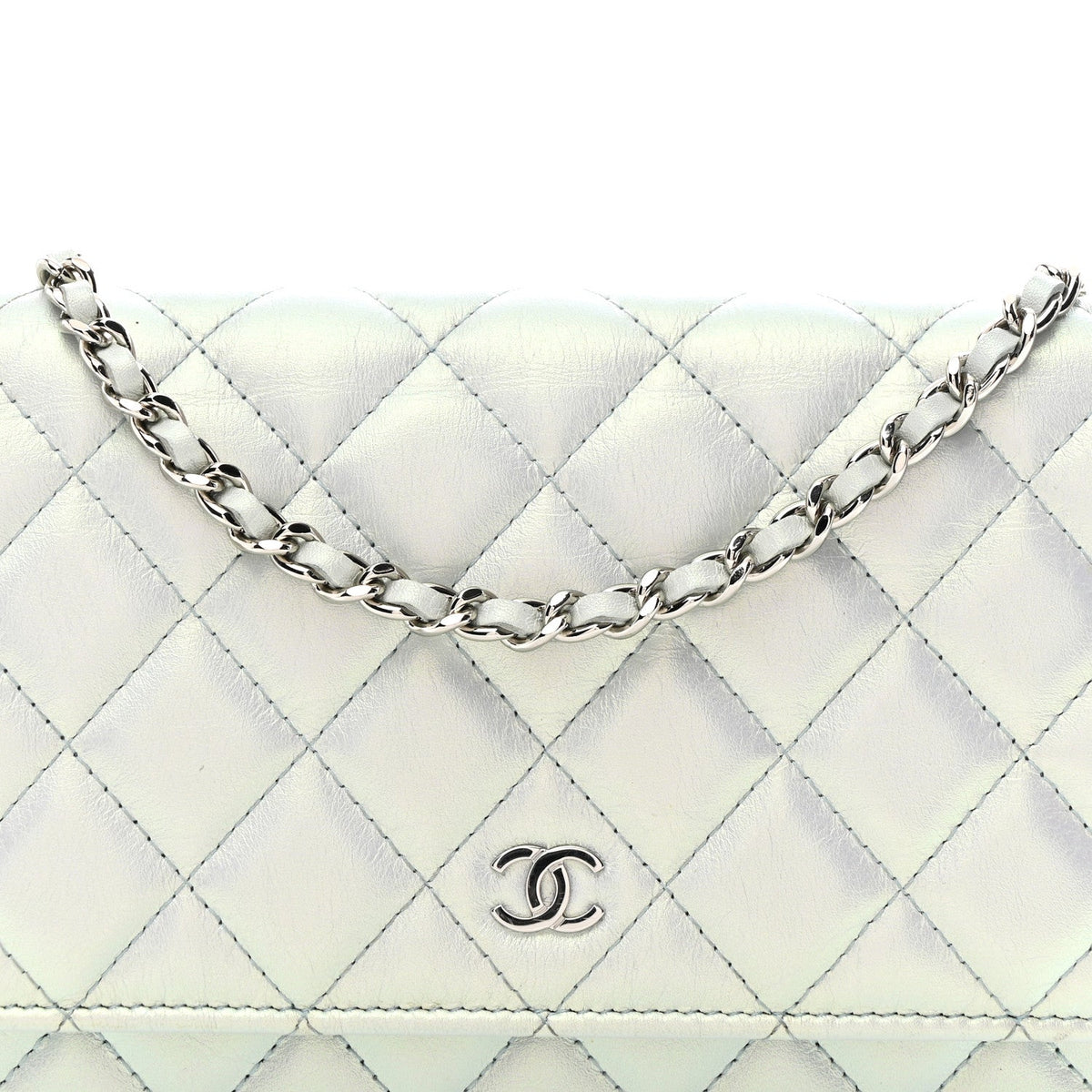 Iridescent Calfskin Quilted Wallet On Chain WOC Light Blue wholesalehk.shop