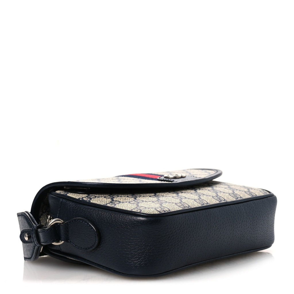 GG Supreme Monogram Textured Dollar Calfskin Web Studded Mini Ophidia Flap Shoulder Bag Beige Blue wholesalehk.shop