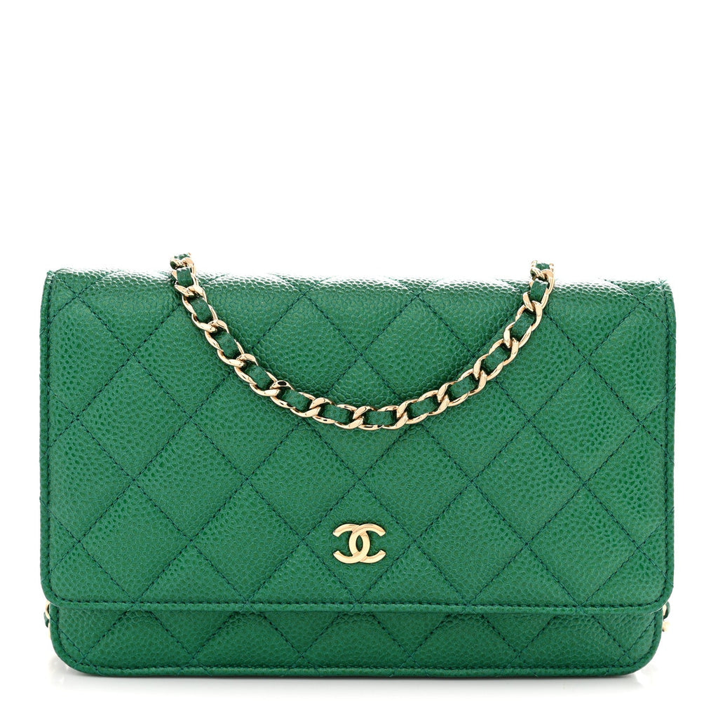 Metallic Caviar Quilted Wallet On Chain WOC Green wholesalehk.shop