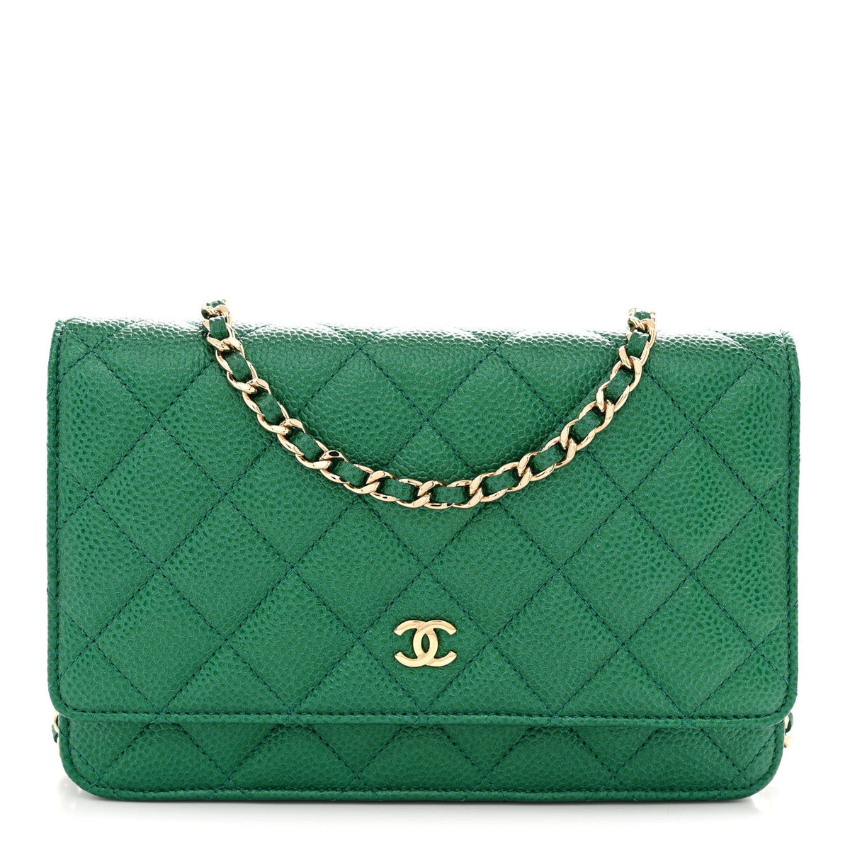 Metallic Caviar Quilted Wallet On Chain WOC Green wholesalehk.shop