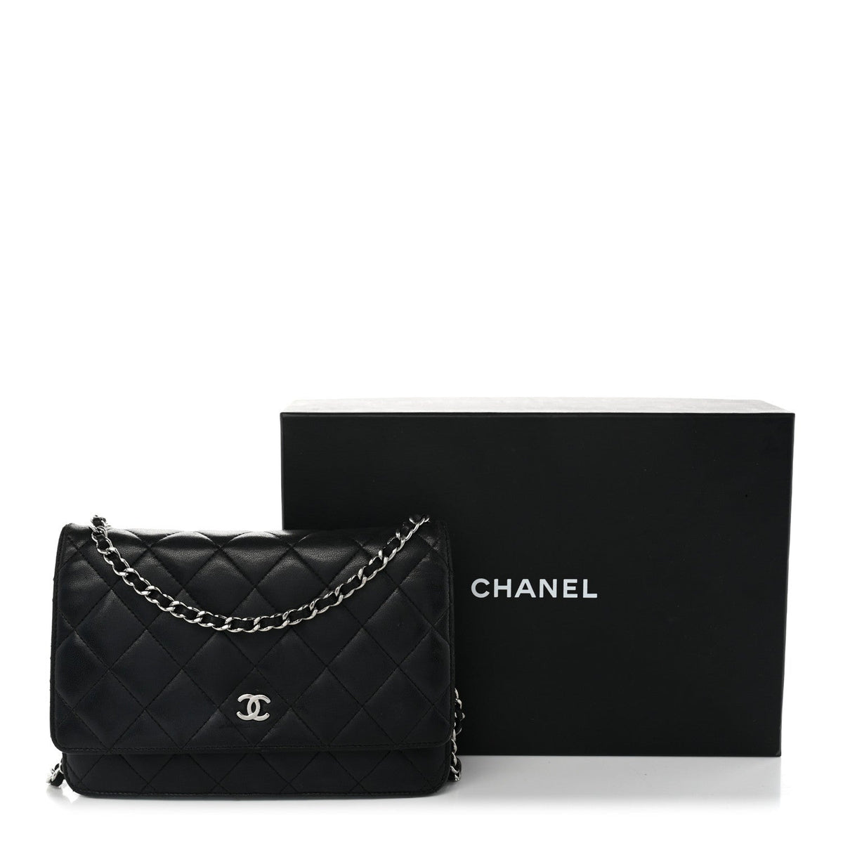 Lambskin Quilted Wallet On Chain WOC Black wholesalehk.shop