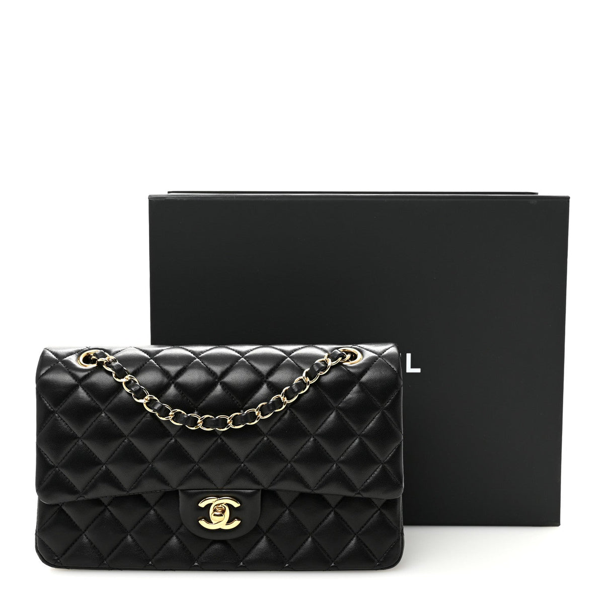 Lambskin Quilted Medium Double Flap Black wholesalehk.shop