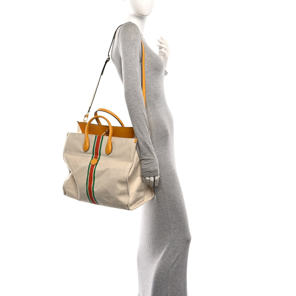 Linen Heavy Canvas Textured Dollar Calfskin Web Large Retro Interlocking G Foldable Tote Light Beige wholesalehk.shop