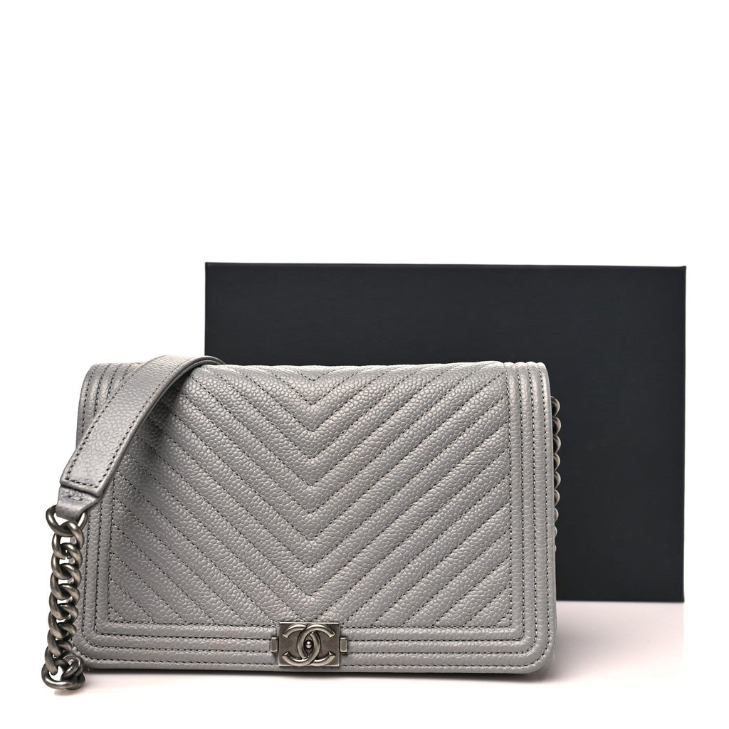 Caviar Chevron Quilted Boy Wallet On Chain WOC Grey wholesalehk.shop