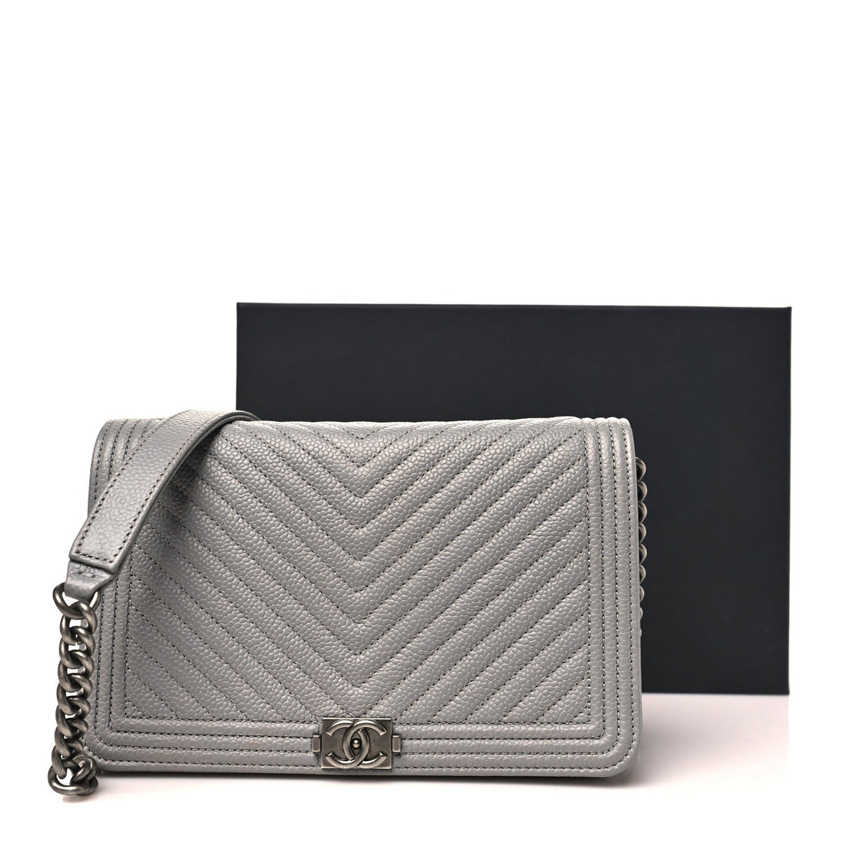 Caviar Chevron Quilted Boy Wallet On Chain WOC Grey wholesalehk.shop