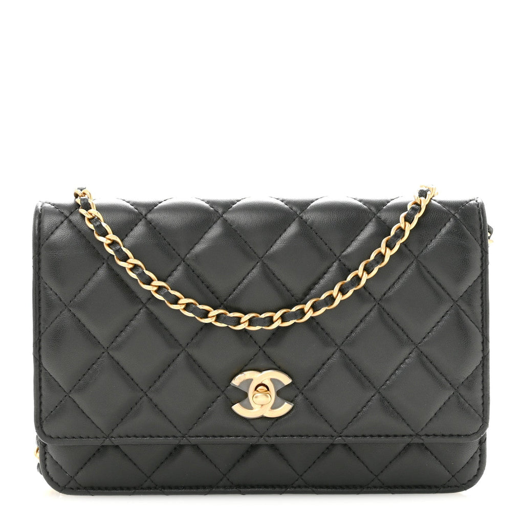 Lambskin Quilted CC Pearl Crush Wallet on Chain WOC Black wholesalehk.shop