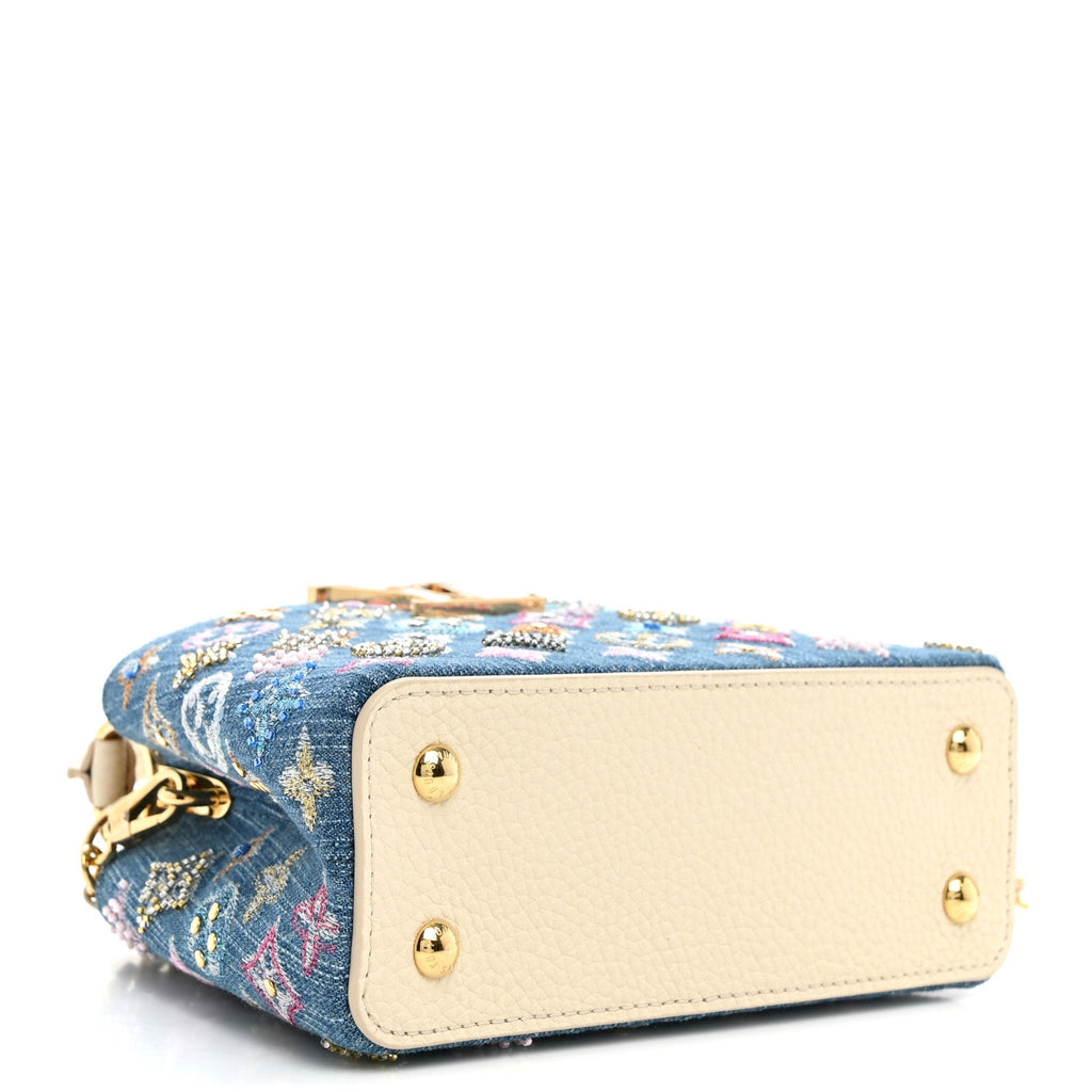Denim Lurex Beaded Calfskin Capucines Mini Blue Cream £¨ Direct shipment via from wholesalehk.shop