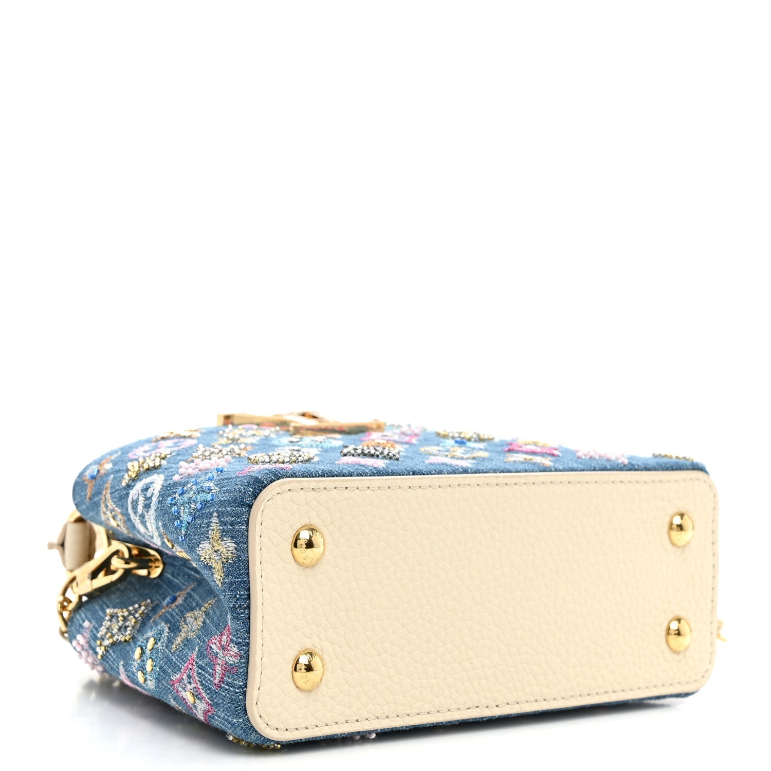 Denim Lurex Beaded Calfskin Capucines Mini Blue Cream £¨ Direct shipment via from wholesalehk.shop
