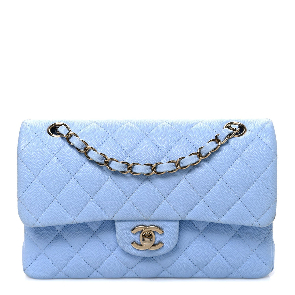 Caviar Quilted Small Double Flap Light Blue wholesalehk.shop