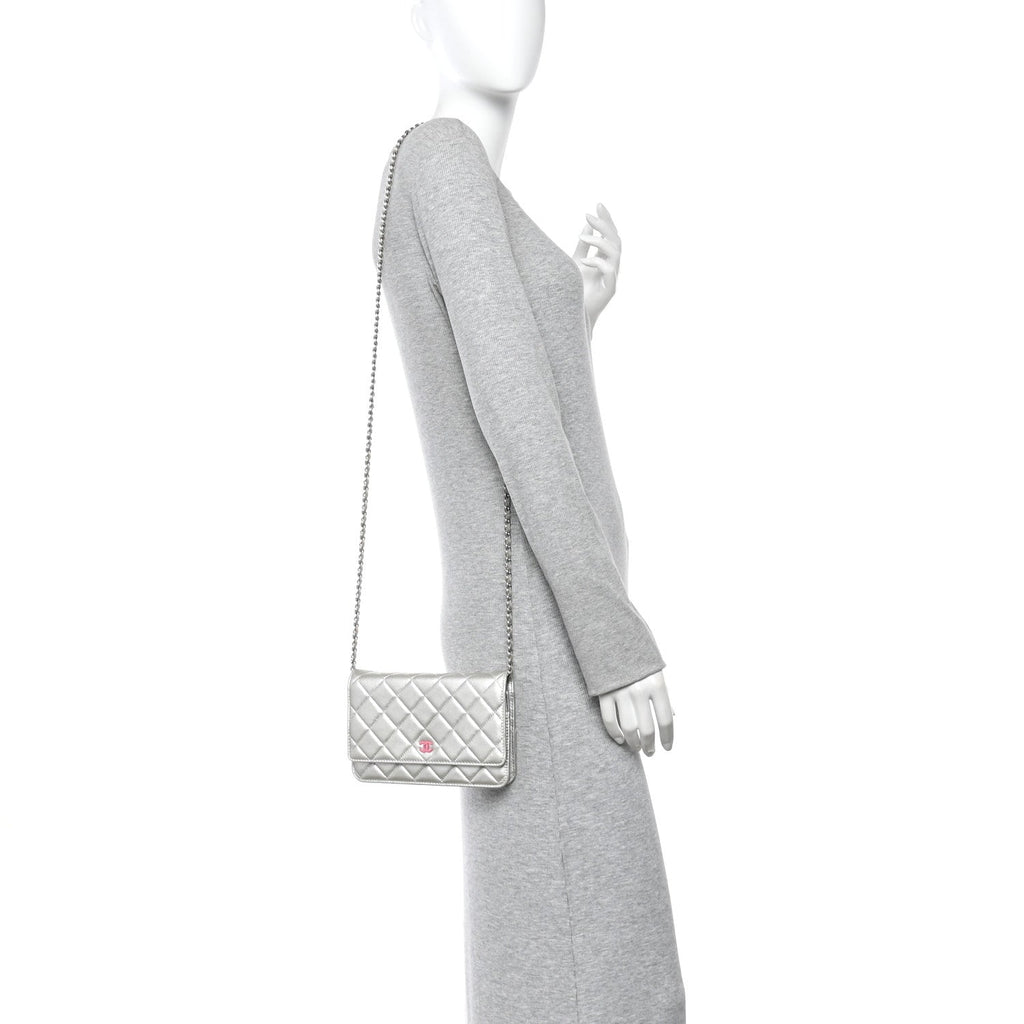 Metallic Lambskin Quilted Wallet On Chain WOC Silver wholesalehk.shop