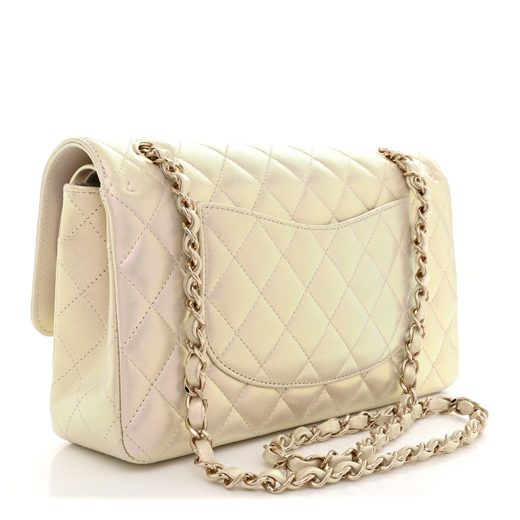 Iridescent Lambskin Quilted Medium Double Flap Ivory wholesalehk.shop