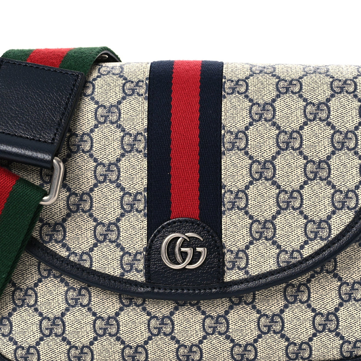 GG Supreme Monogram Textured Dollar Calfskin Web Studded Mini Ophidia Flap Shoulder Bag Beige Blue wholesalehk.shop