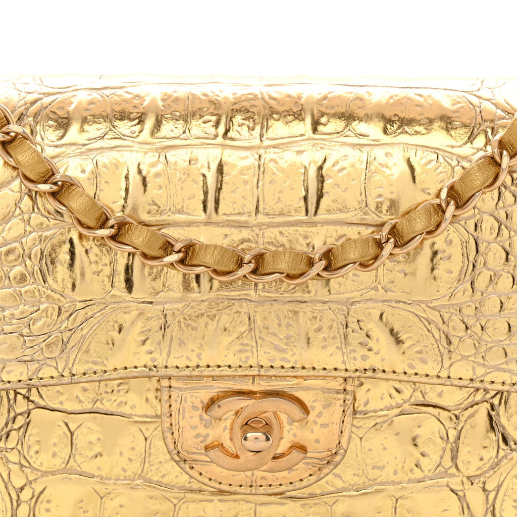 Metallic Calfskin Crocodile Embossed Cocodile Small Double Flap Gold wholesalehk.shop