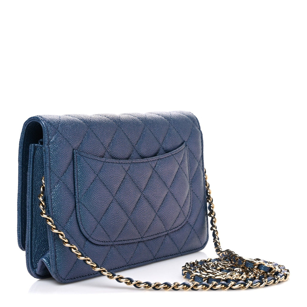 Iridescent Caviar Quilted Wallet on Chain WOC Dark Blue wholesalehk.shop