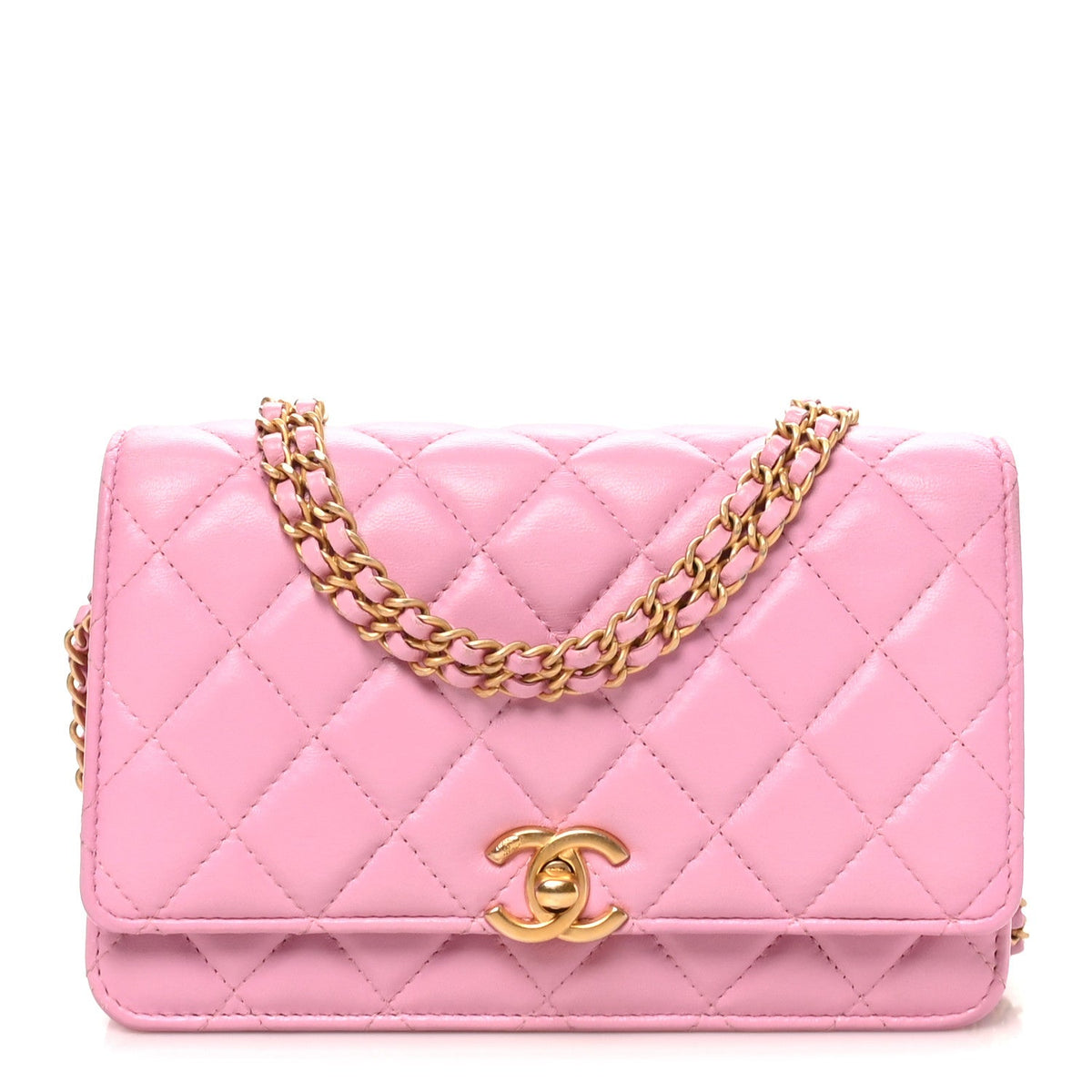 Lambskin Quilted Secret CC Wallet On Chain WOC Pink wholesalehk.shop