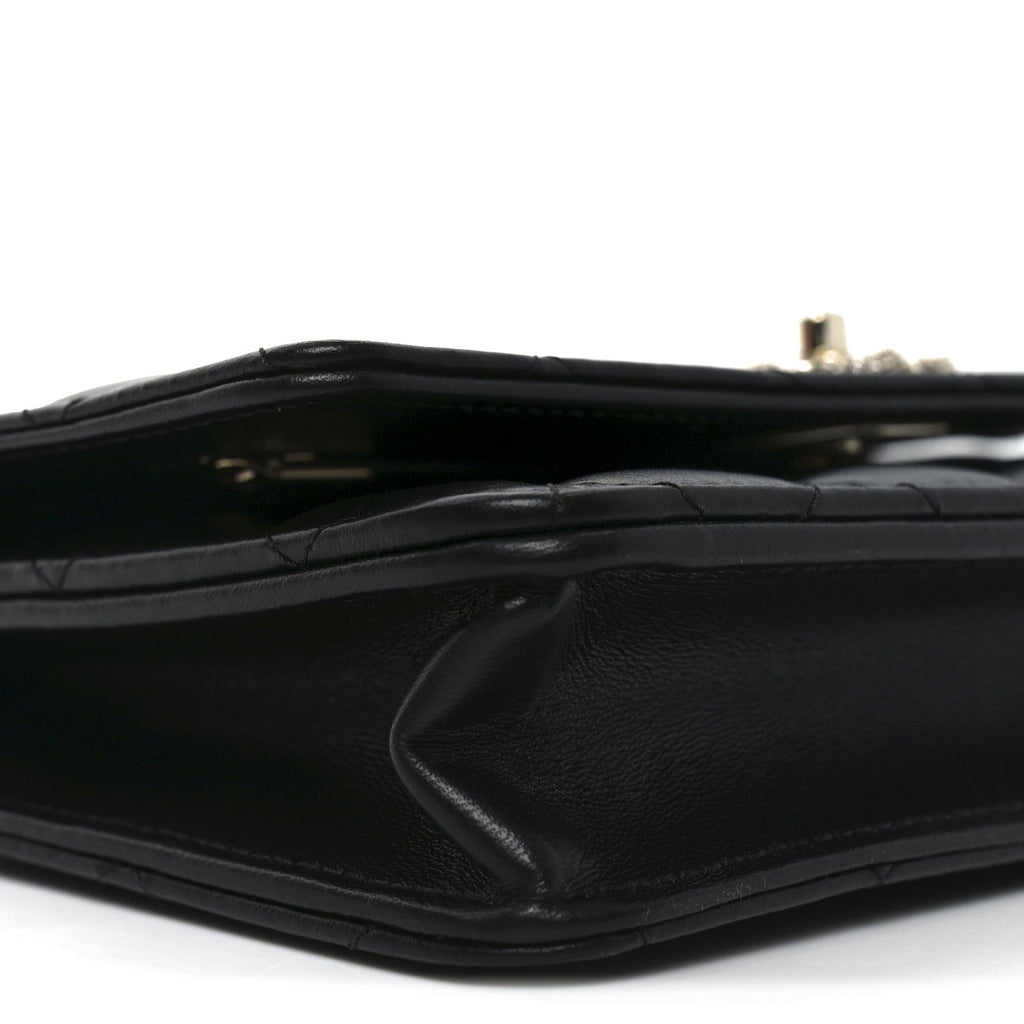 Lambskin Quilted Crystal Handle Wallet On Chain WOC Black wholesalehk.shop