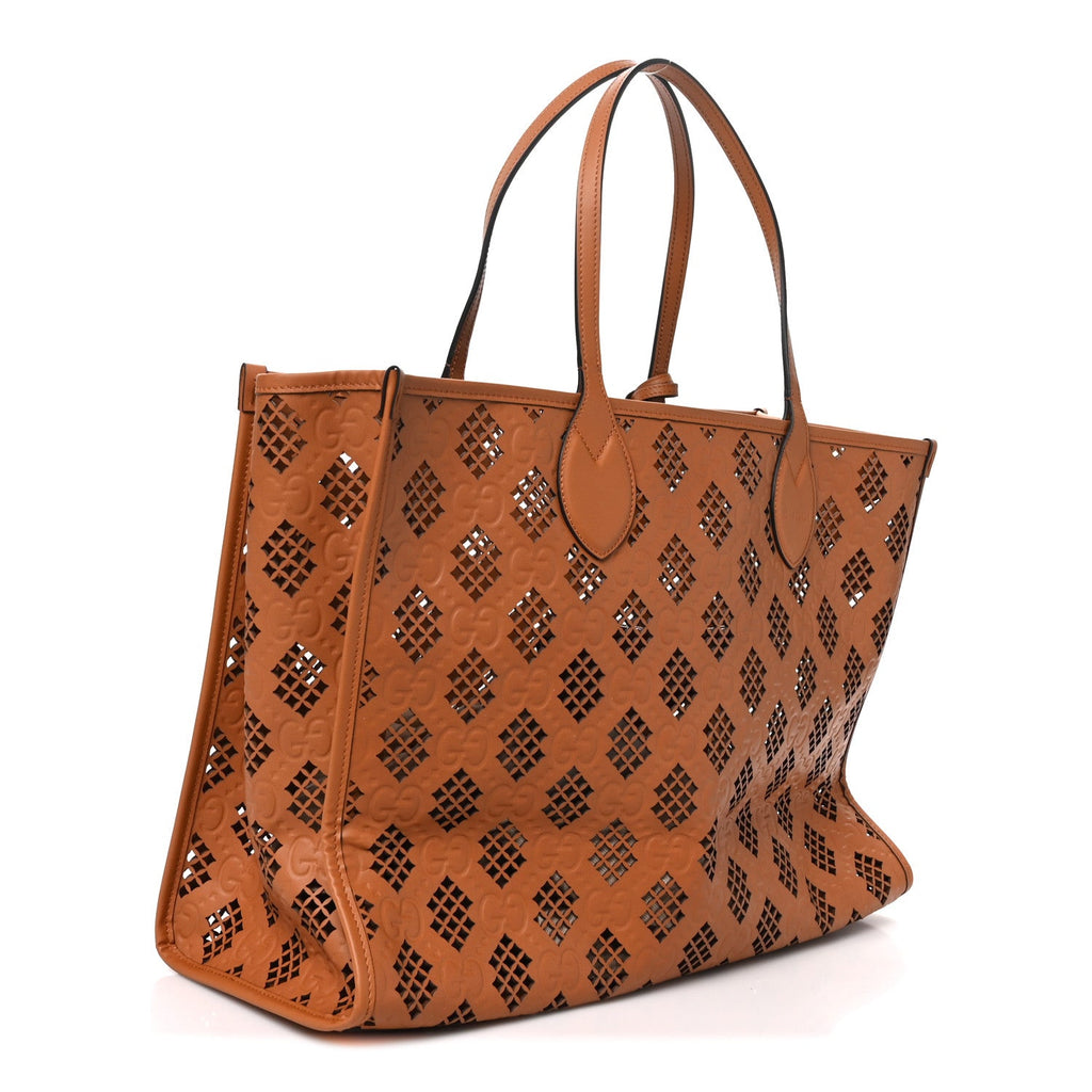 Calfskin GG Monogram Diamond Cut Medium Ophidia Tote Bag Brown wholesalehk.shop