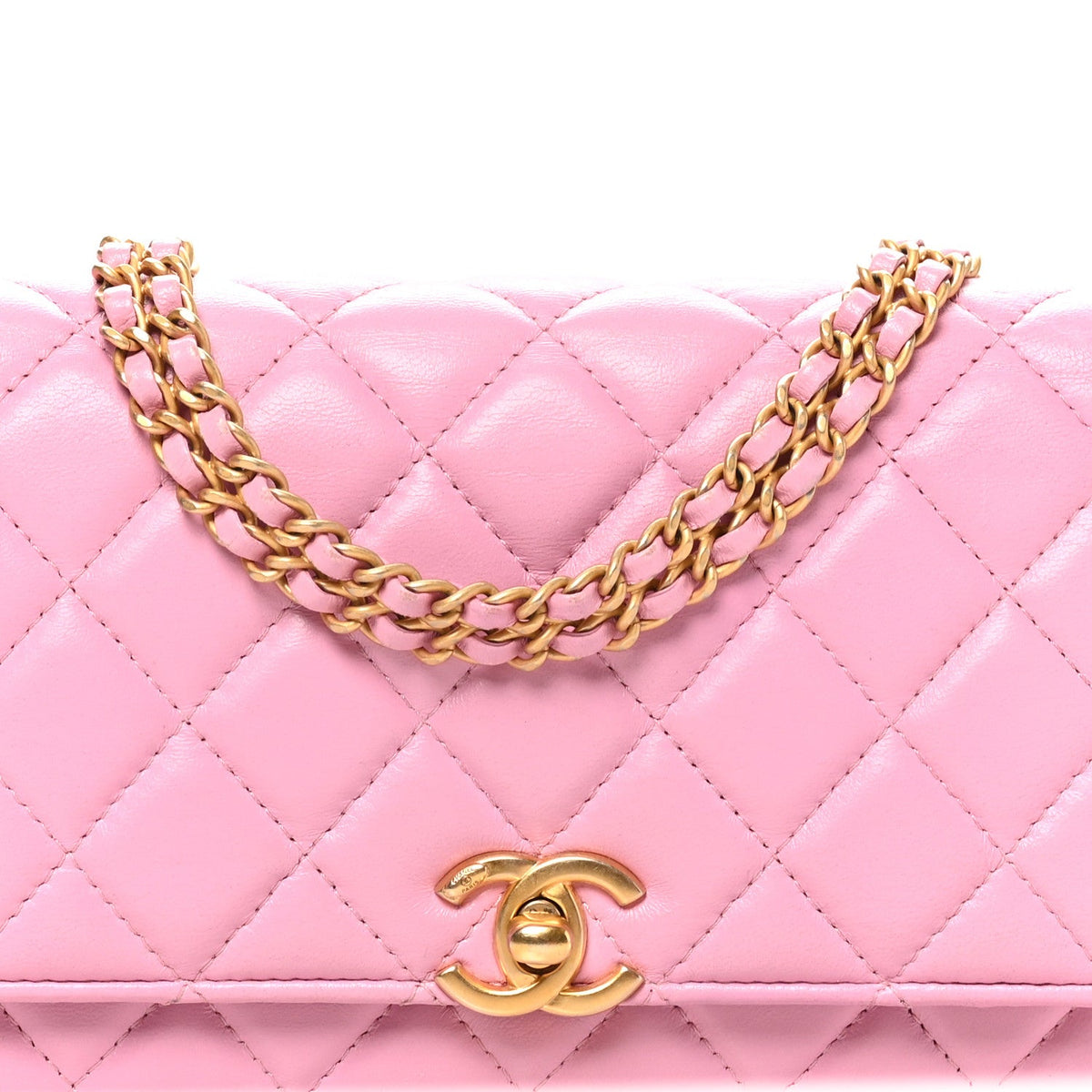 Lambskin Quilted Secret CC Wallet On Chain WOC Pink wholesalehk.shop