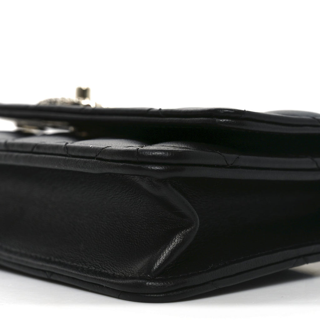 Lambskin Quilted Crystal Handle Wallet On Chain WOC Black wholesalehk.shop