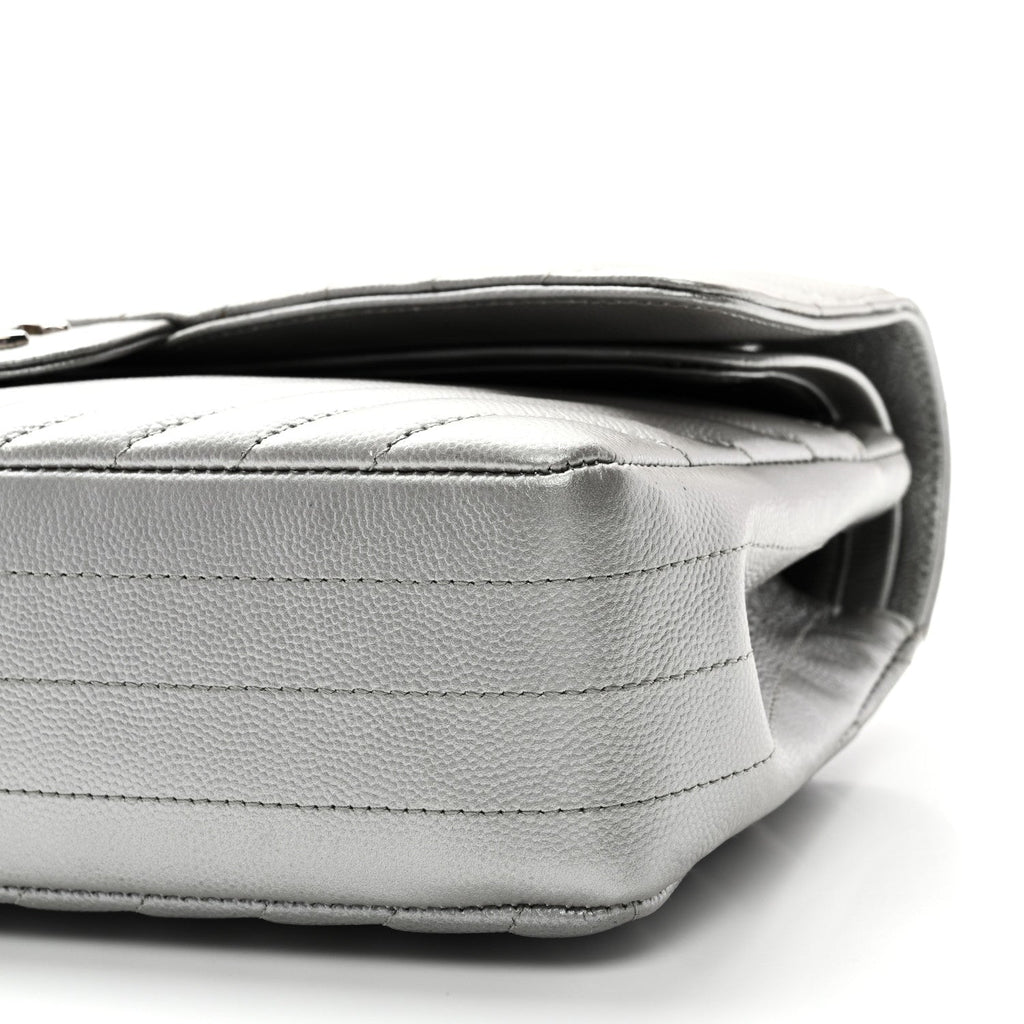 Metallic Caviar Chevron Quilted Medium Double Flap Silver wholesalehk.shop