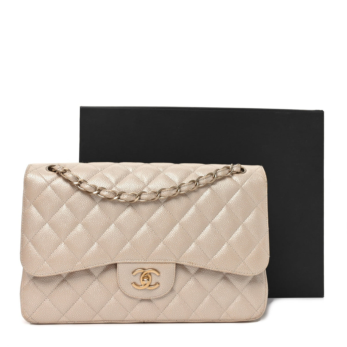 Iridescent Caviar Quilted Jumbo Double Flap Beige wholesalehk.shop