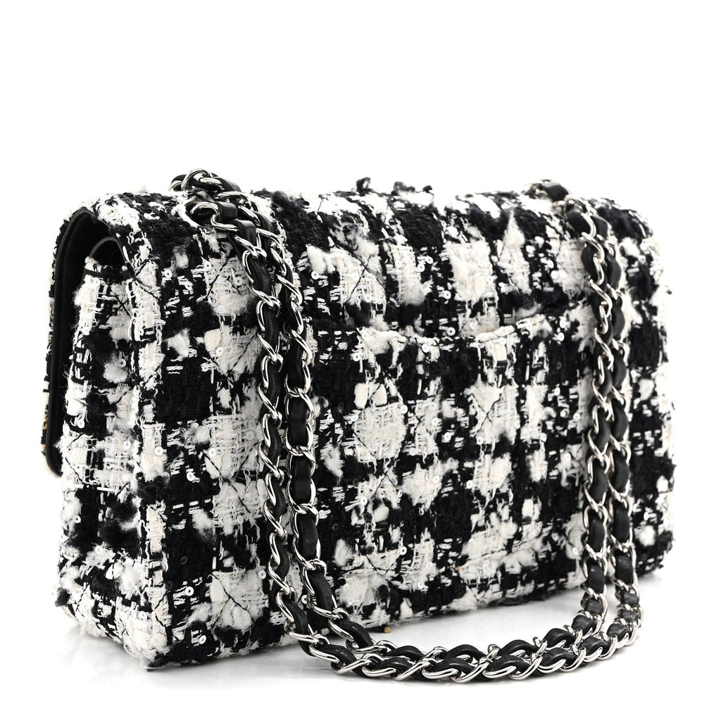 Tweed Sequin Quilted Medium Double Flap Black White wholesalehk.shop