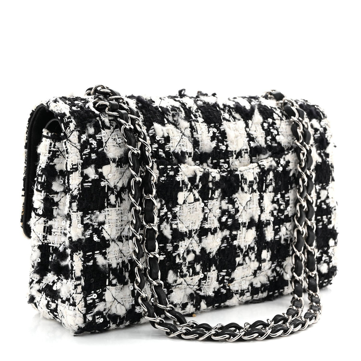 Tweed Sequin Quilted Medium Double Flap Black White wholesalehk.shop