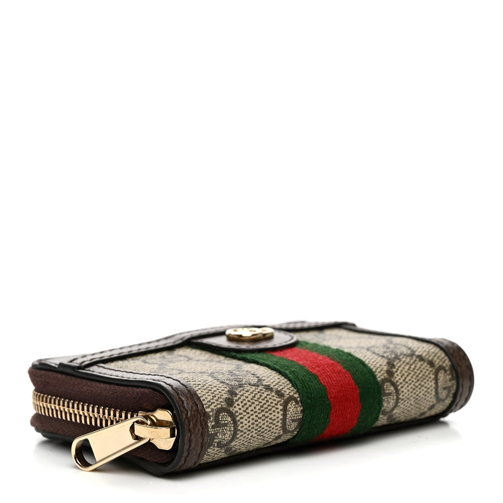 GG Supreme Monogram Textured Dollar Calfskin Web Ophidia Zip Around Card Case Wallet Beige Ebony New Acero wholesalehk.shop