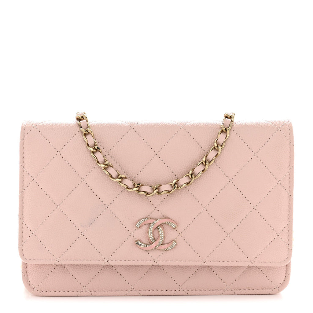 Caviar Quilted Crystal Enamel CC Wallet On Chain WOC Light Pink wholesalehk.shop