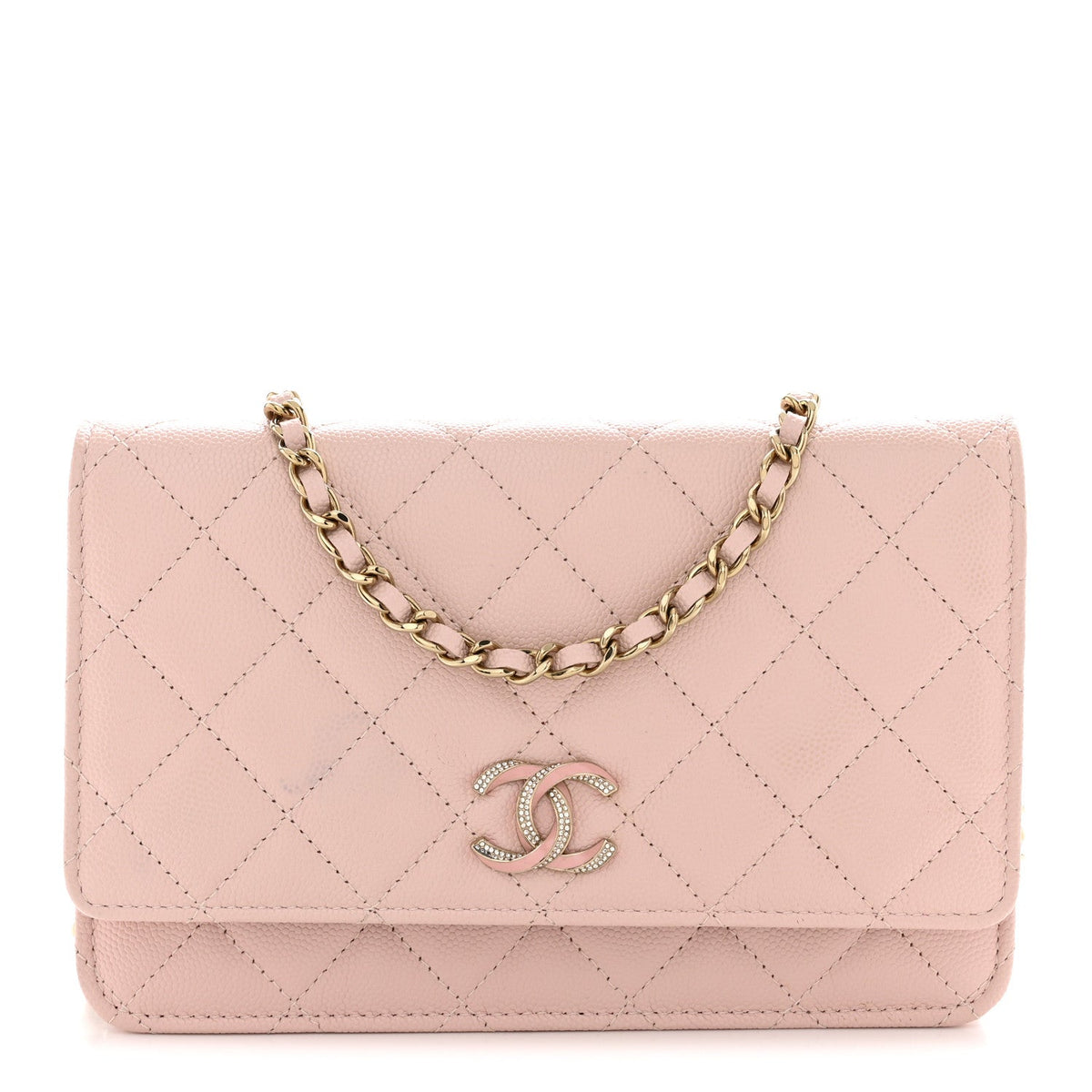 Caviar Quilted Crystal Enamel CC Wallet On Chain WOC Light Pink wholesalehk.shop