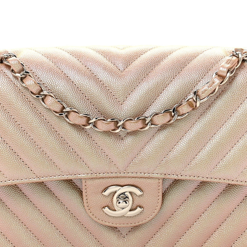 Metallic Caviar Chevron Quilted Medium Double Flap Light Gold wholesalehk.shop