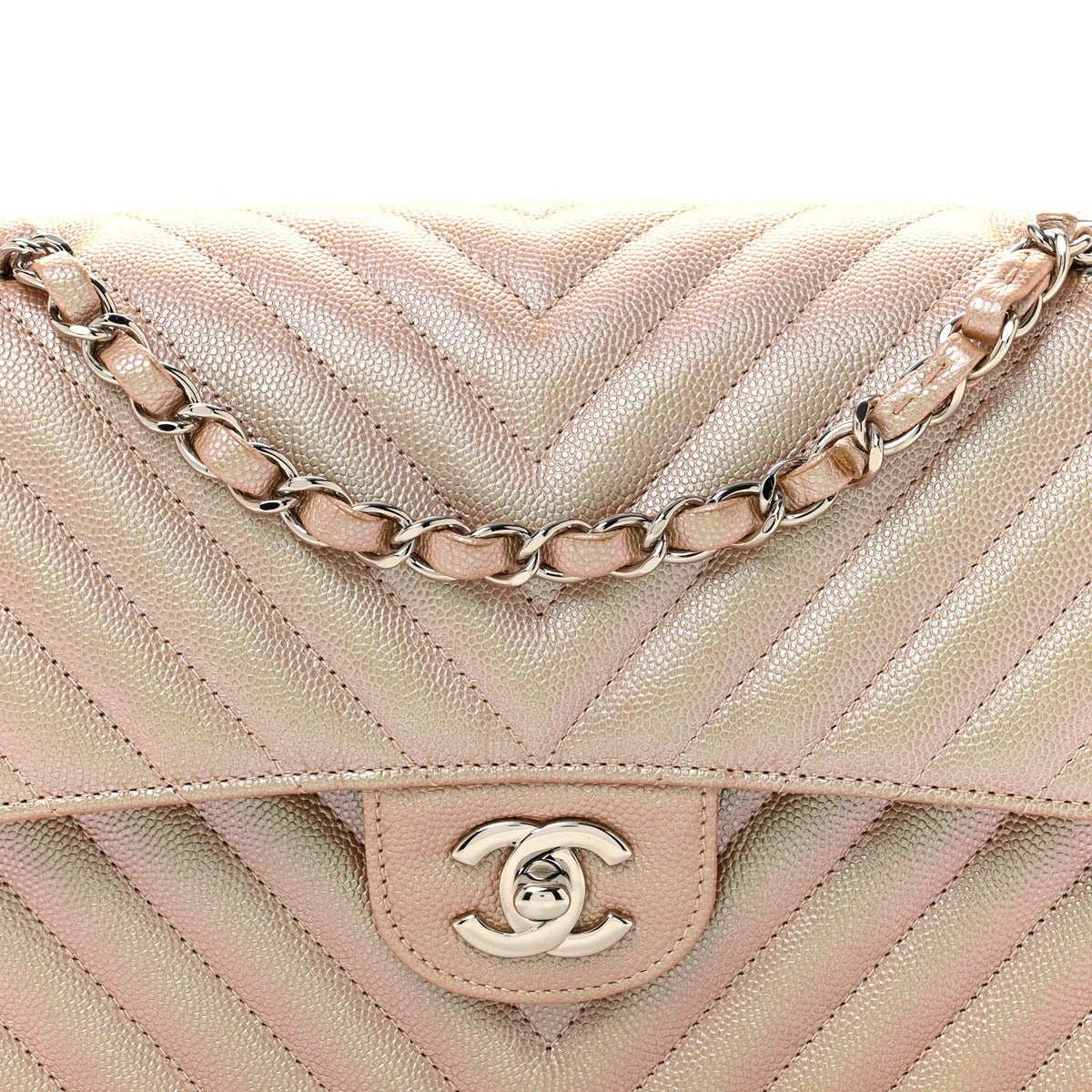 Metallic Caviar Chevron Quilted Medium Double Flap Light Gold wholesalehk.shop