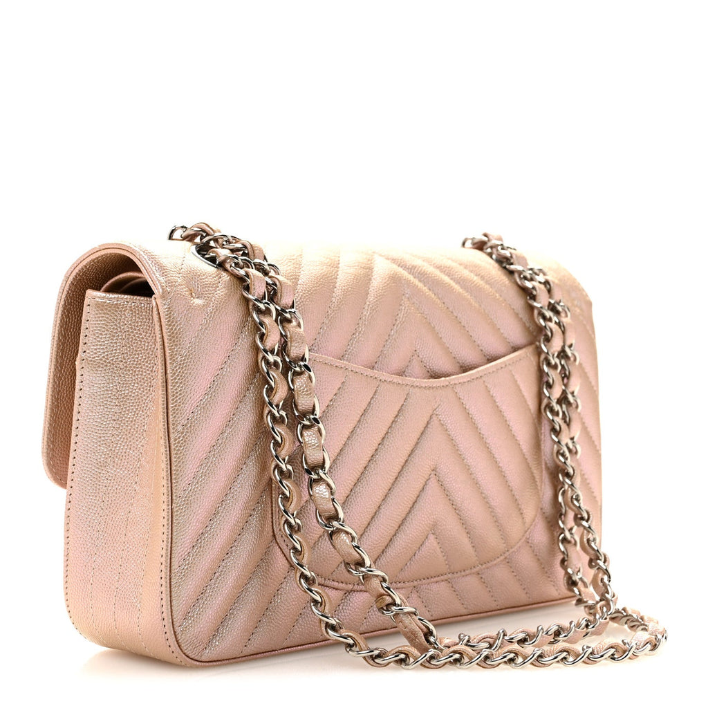 Metallic Caviar Chevron Quilted Medium Double Flap Light Gold wholesalehk.shop