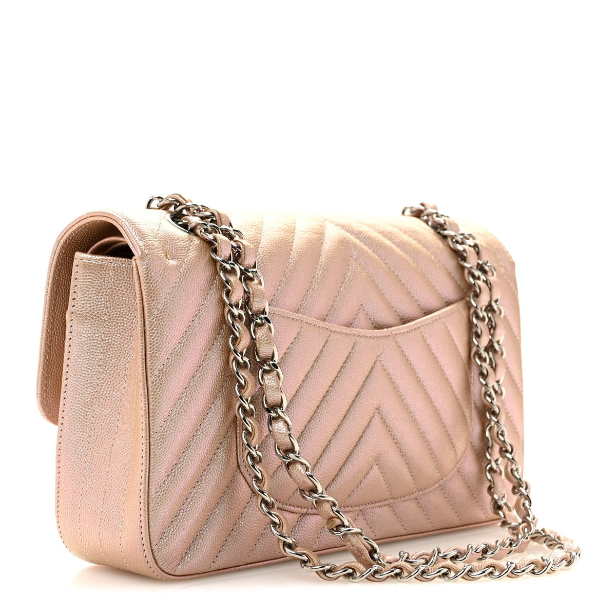 Metallic Caviar Chevron Quilted Medium Double Flap Light Gold wholesalehk.shop