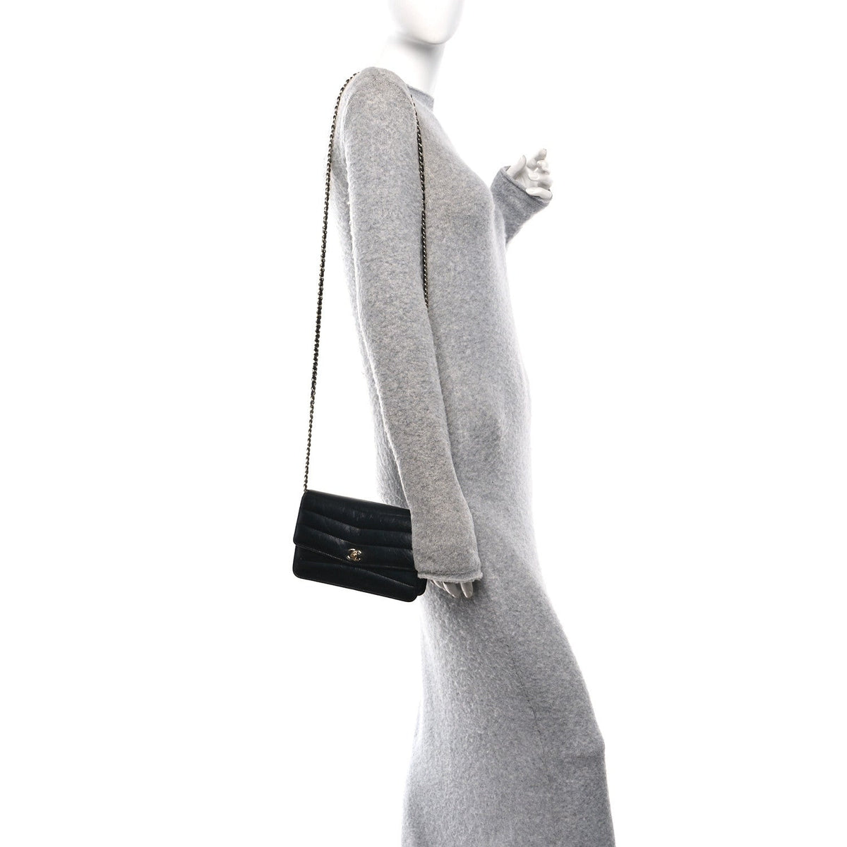 Lambskin Chevron Quilted Wallet On Chain WOC Black wholesalehk.shop