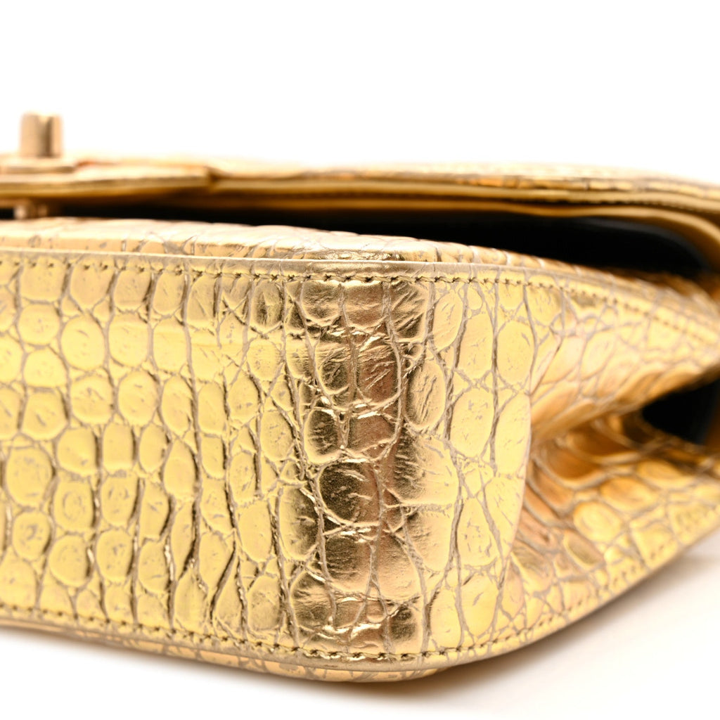 Metallic Calfskin Crocodile Embossed Cocodile Small Double Flap Gold wholesalehk.shop