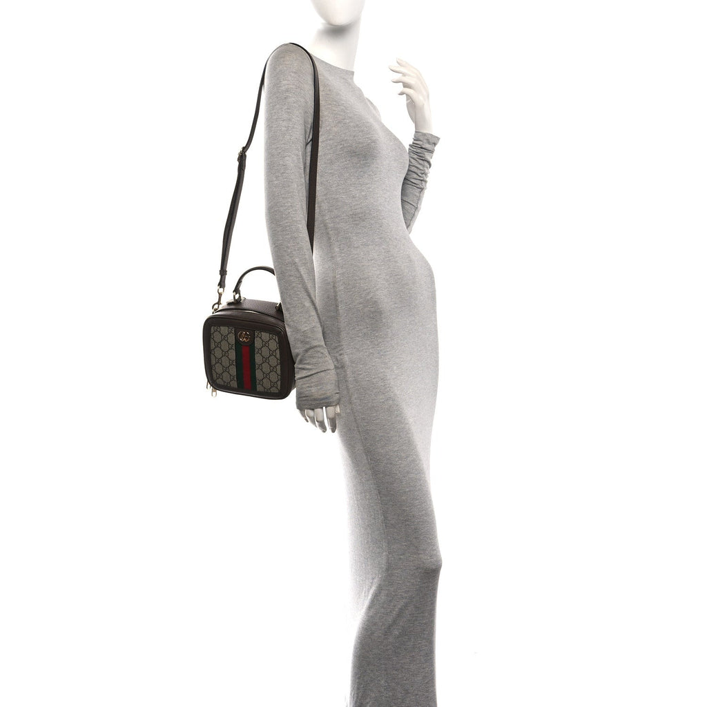 GG Supreme Monogram Textured Dollar Calfskin Mini Ophidia Top Handle Square Shoulder Bag Beige Ebony New Acero wholesalehk.shop