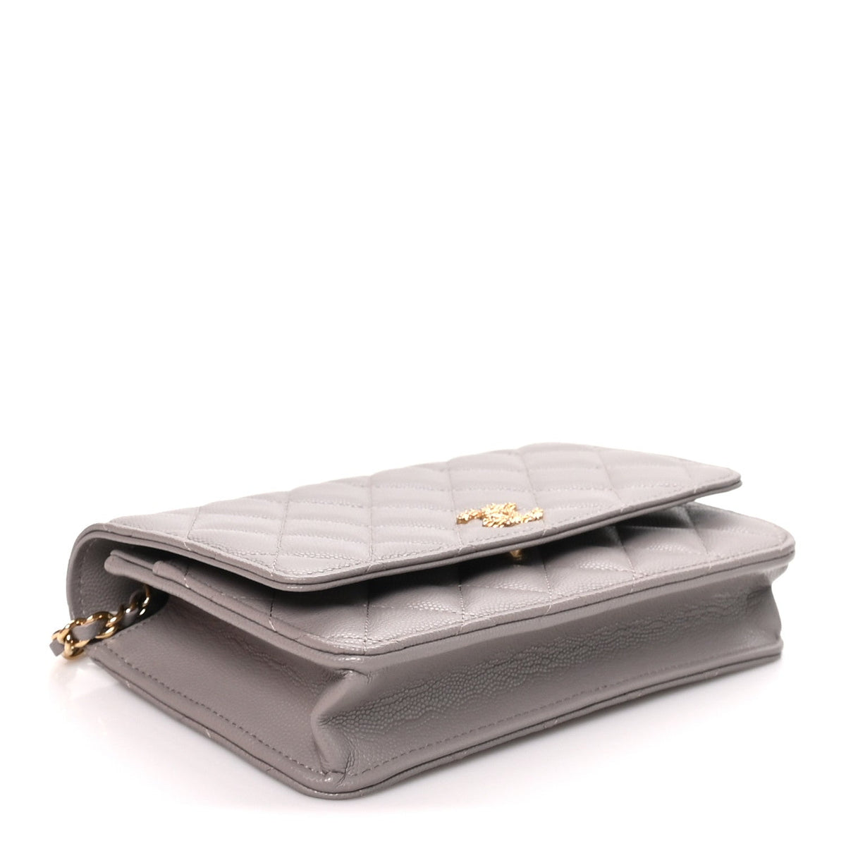 Grained Calfskin Quilted Strass CC Wallet On Chain WOC Dark Grey wholesalehk.shop