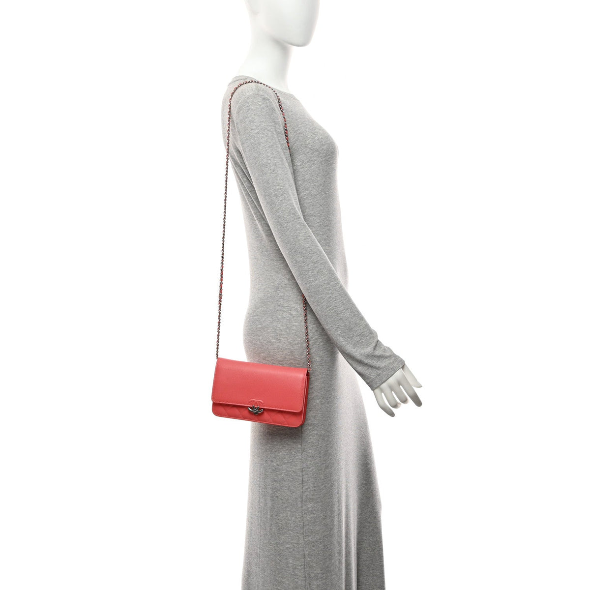 Grained Calfskin Quilted CC Box Wallet On Chain WOC Pink wholesalehk.shop