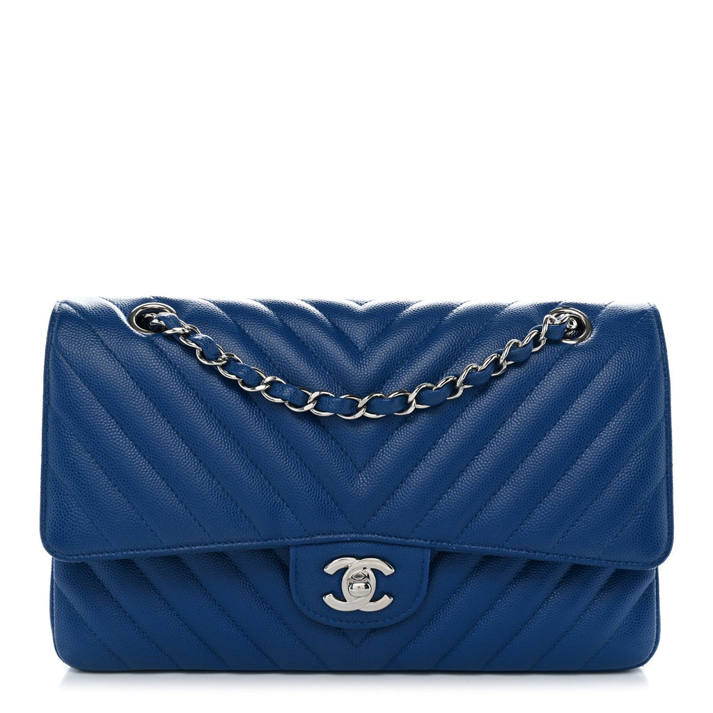 Caviar Chevron Quilted Medium Double Flap Blue wholesalehk.shop