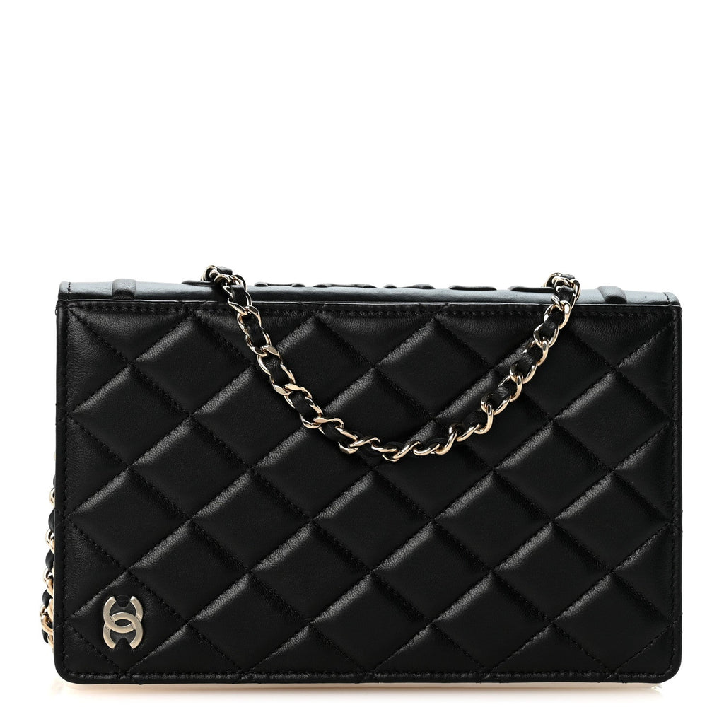Lambskin Quilted Book Wallet On Chain WOC Black wholesalehk.shop