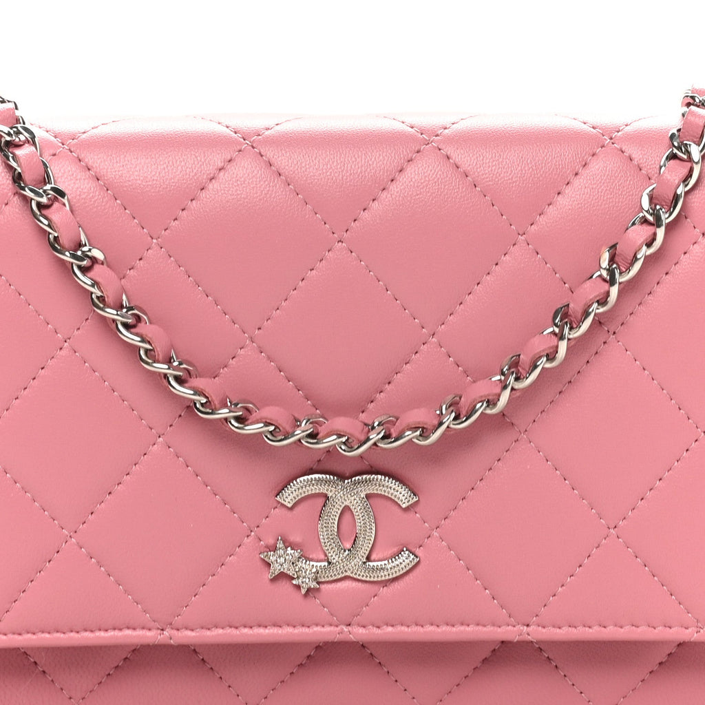 Lambskin Quilted Crystal Star Wallet On Chain WOC Pink wholesalehk.shop