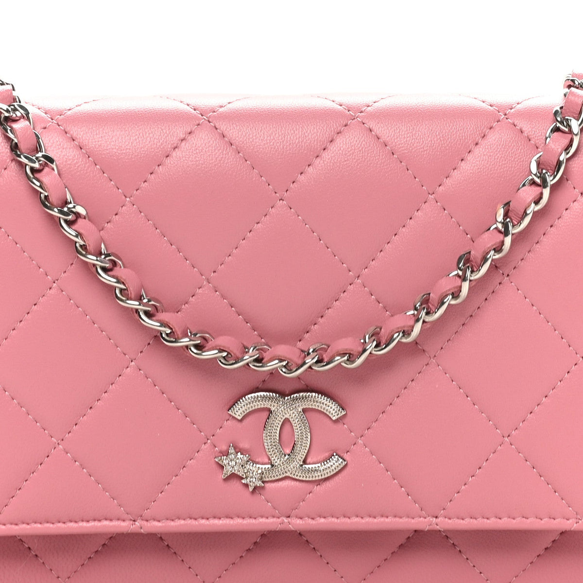 Lambskin Quilted Crystal Star Wallet On Chain WOC Pink wholesalehk.shop