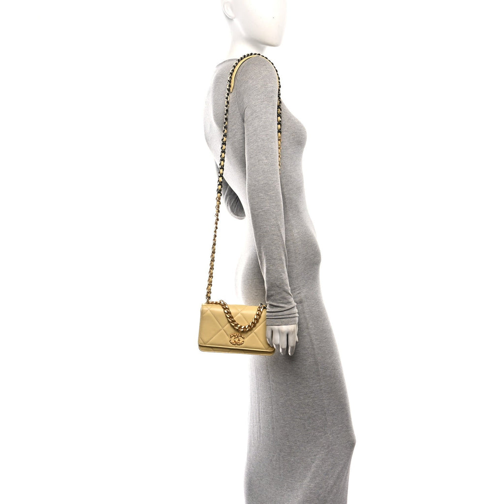 Lambskin Quilted Chanel 19 Wallet On Chain WOC Yellow wholesalehk.shop