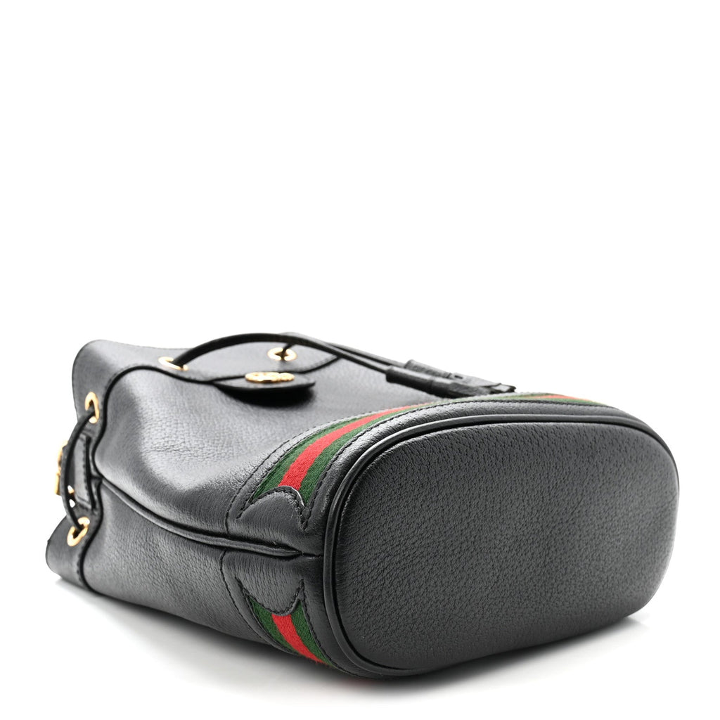 Glazed Textured Calfskin Web Small Ophidia Bucket Bag Black wholesalehk.shop