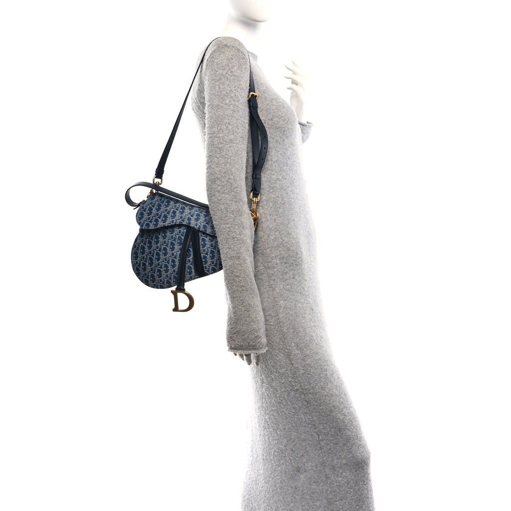 Denim Oblique Jacquard Saddle Bag With Strap Blue wholesalehk.shop