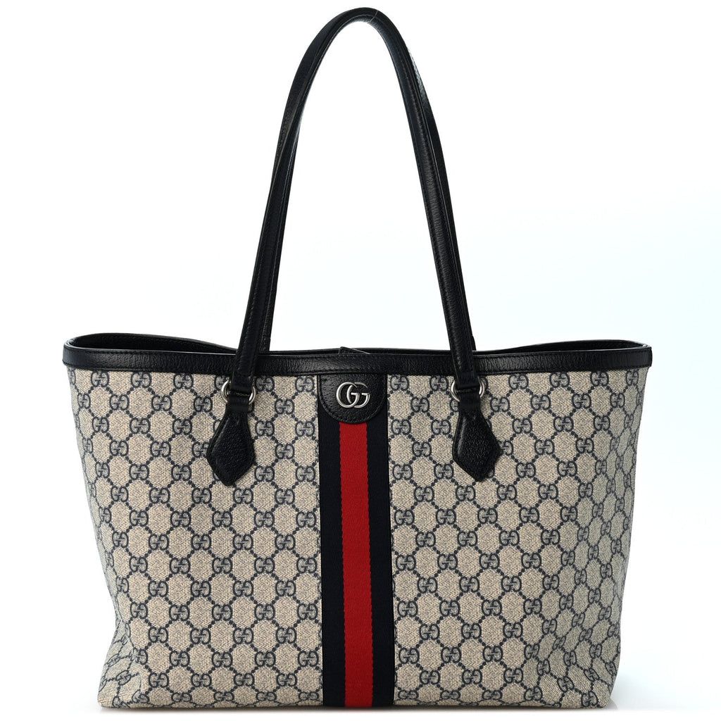 GG Supreme Monogram Textured Calfskin Web Medium Ophidia Shopping Tote Beige Blue wholesalehk.shop