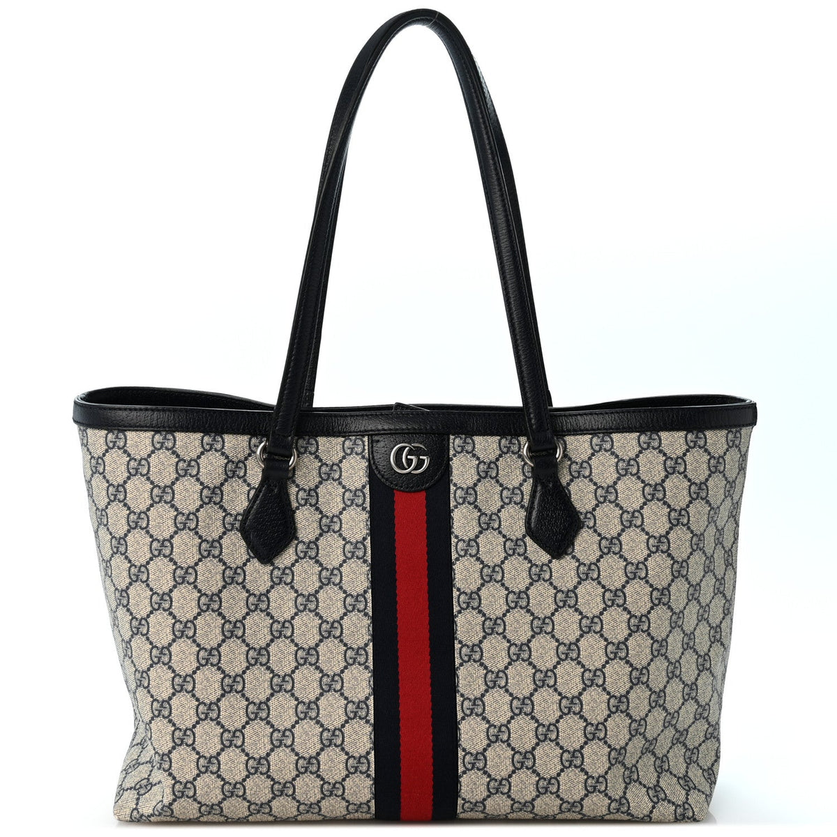 GG Supreme Monogram Textured Calfskin Web Medium Ophidia Shopping Tote Beige Blue wholesalehk.shop