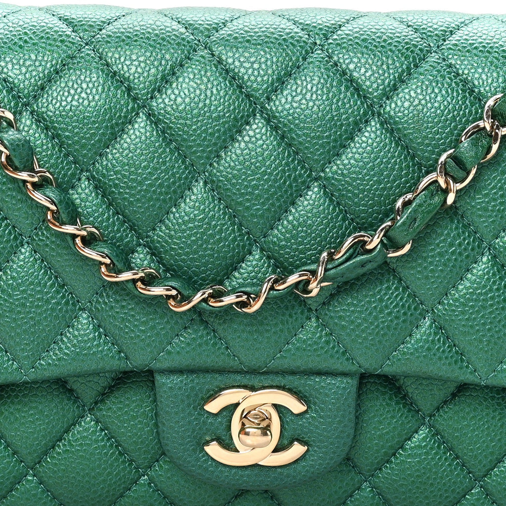 Metallic Caviar Quilted Medium Double Flap Green wholesalehk.shop